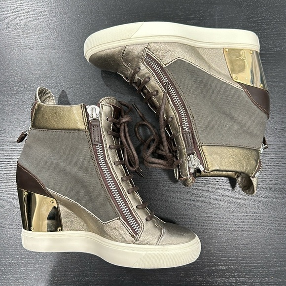 Giuseppe Zanotti Multicolor Green/Gold Canvas & Leather High Top Wedge Sneakers - Picture 1 of 14